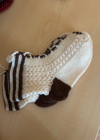 Kadın Örme Beyaz kahve patik çorap - Görsel 3