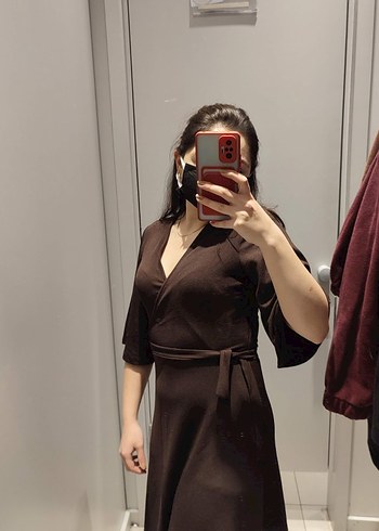 Acı Kahverengi V Yakalı Kadın Midi Elbise - Görsel 2