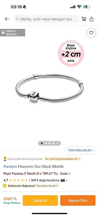  Beden gri Renk Pandora bileklik 17cm