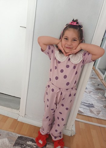 Pembe Puantiyeli Dantel Yakalı Kız Tulum - Görsel 2