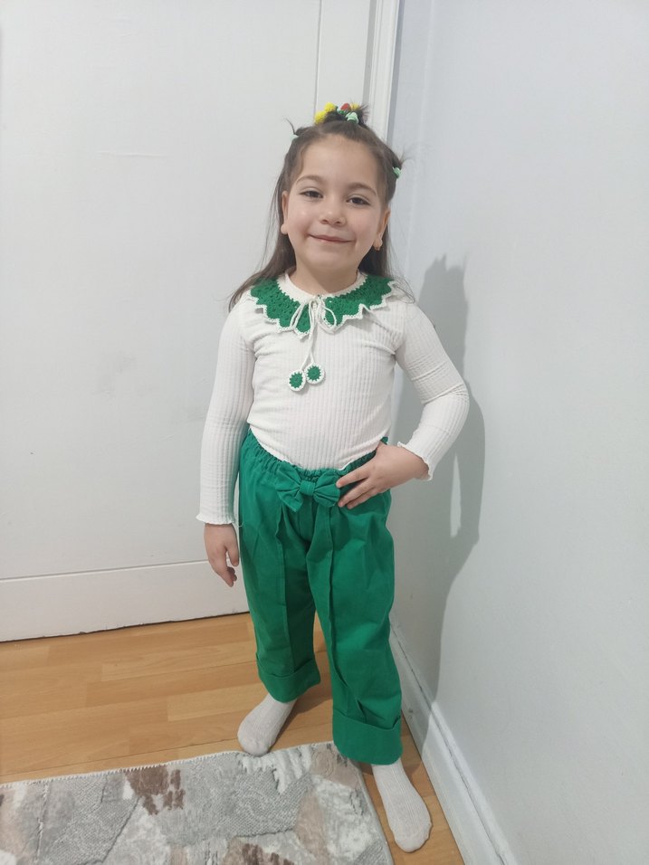 Kız Çocuk Nakışlı Yeşil Bol Pantolon - Görsel 3