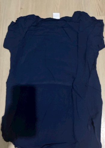 Kadın Lacivert Keten Kısa Kollu Tişört - Görsel 3