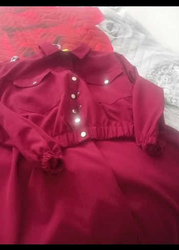 Bordo Düğmeli Uzun Kollu Salaş Elbise - Görsel 2