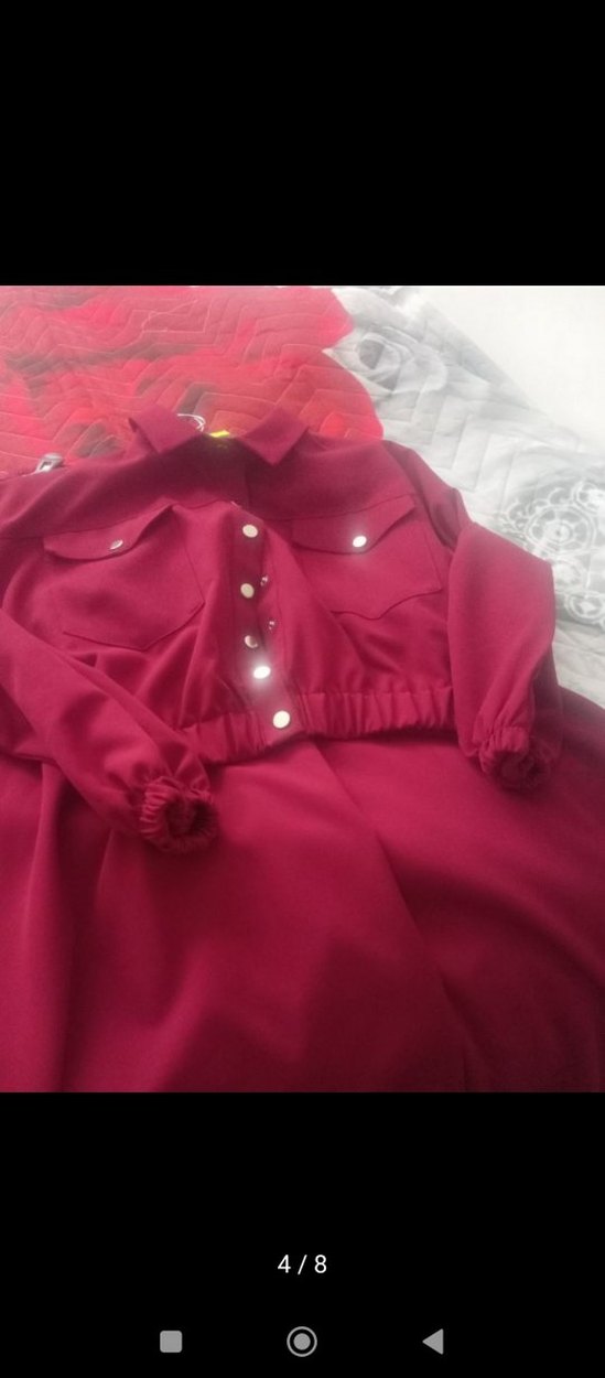 Bordo Düğmeli Uzun Kollu Salaş Elbise - Görsel 2