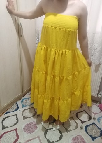 Sarı Straplez Pamuklu Uzun Elbise