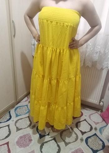 s Beden sarı Renk Sarı Straplez Pamuklu Uzun Elbise
