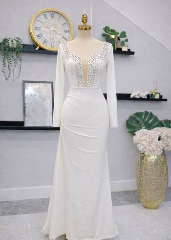 kumaş tül aksesuarlı beyoğlu inci cakımlı yırtmaçlı elbise - Görsel 3