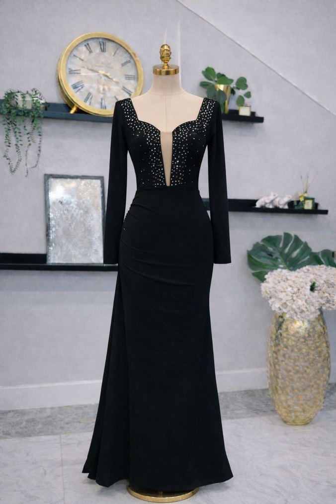 kumaş tül aksesuarlı beyoğlu inci cakımlı yırtmaçlı elbise - Görsel 2