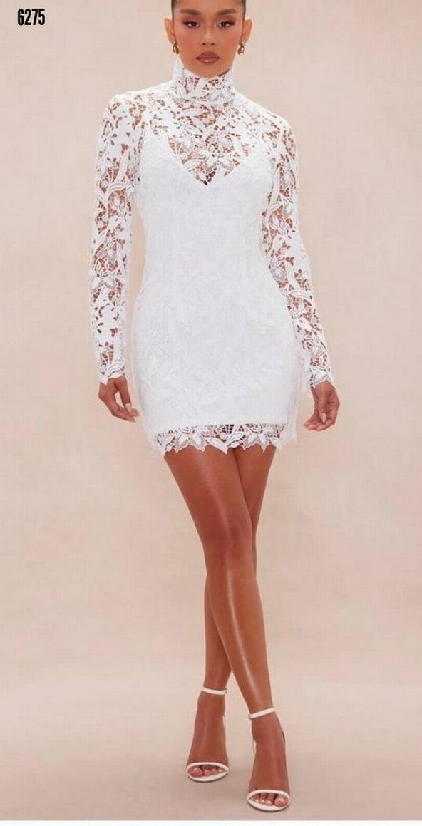 Uzun Kollu V Yaka Mini Dantel Gelinlik - Görsel 2