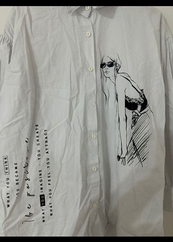 Beyaz Baskılı Keten Gömlek - Görsel 3