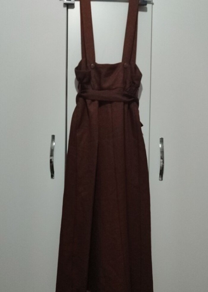 Kahverengi salopet elbise - Görsel 3