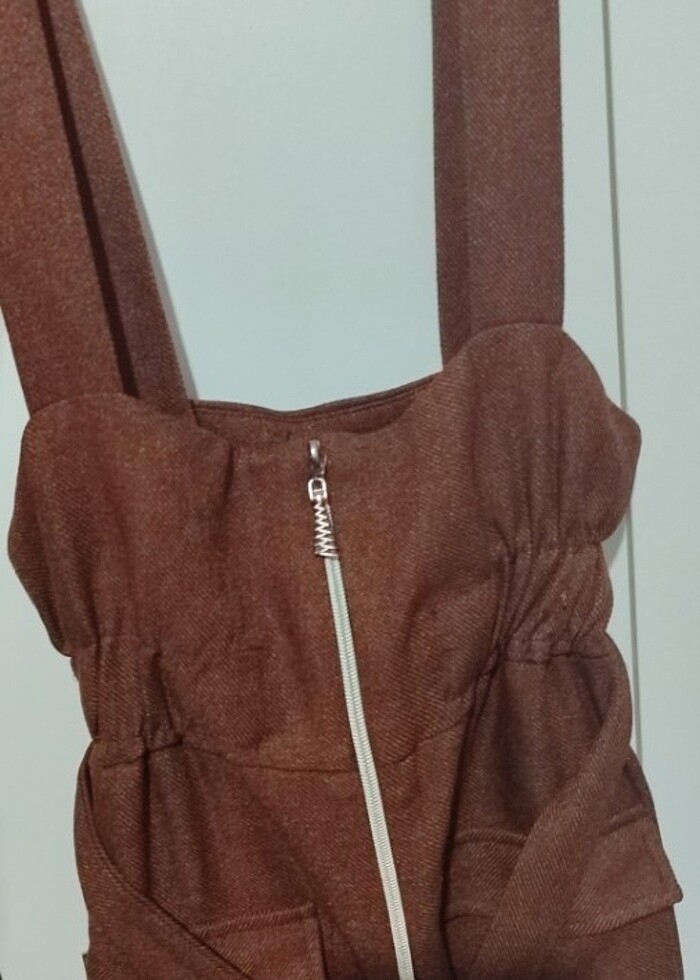 Kahverengi salopet elbise - Görsel 4