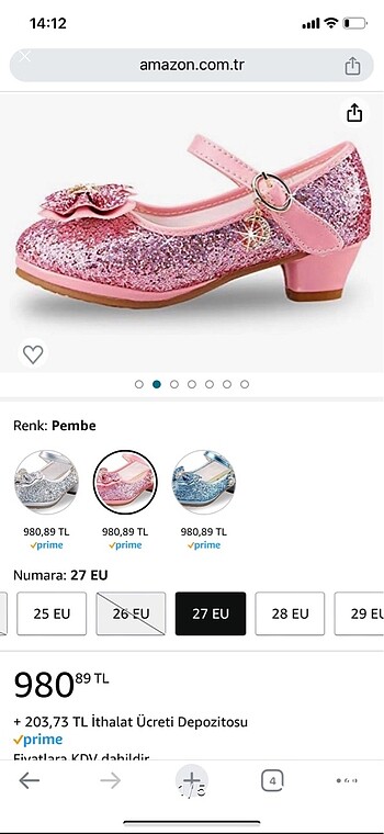 27 Beden Pembe toluklu prenses ayakkabı