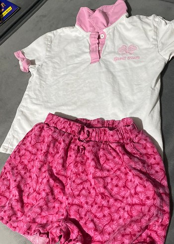 Pembe Bebek Kız Kısa Kollu Baskılı Takım