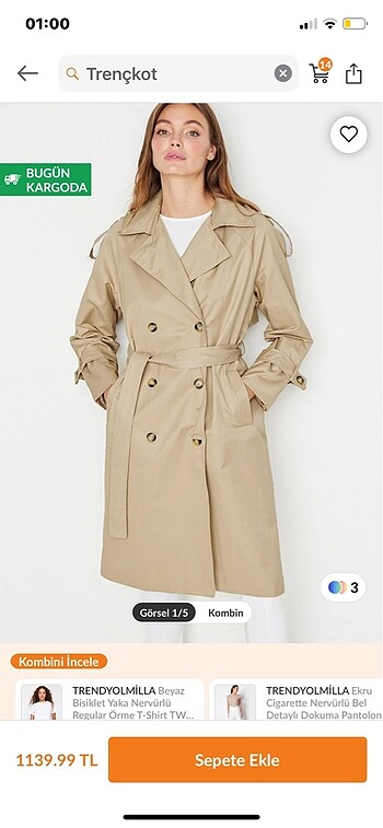 l Beden Trendyolmilla bej krem trençkot trenchcoat