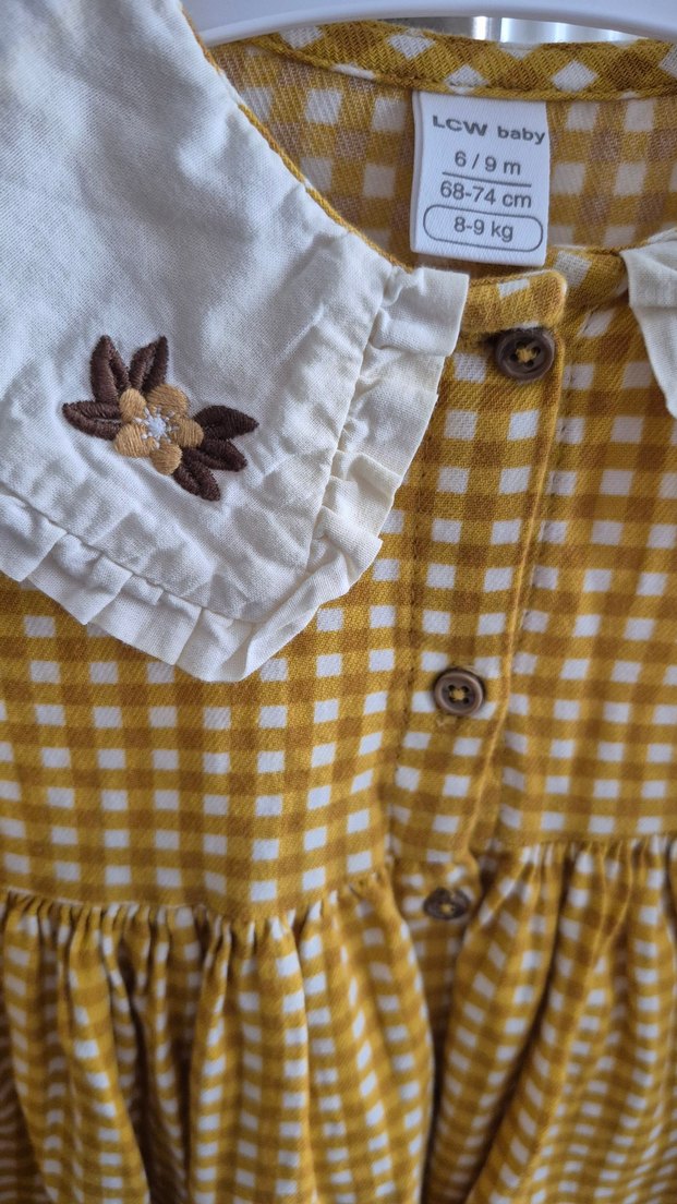 Sarı Kareli Nakışlı Kız Elbisesi - Görsel 2