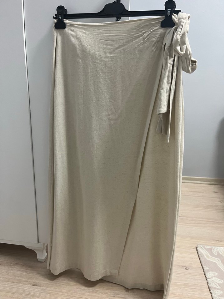 Bej Bol Kesim Uzun Keten Etek - Görsel 2