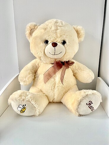 Krem bej büyük peluş fiyonklu ayıcık