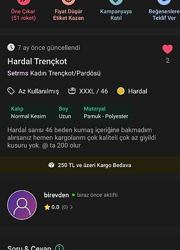 46 Beden hardal trençkot