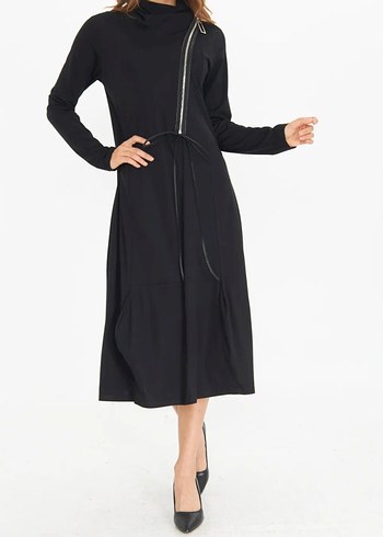 Yüksek Yakalı Siyah Uzun Kadın elbise - Görsel 4