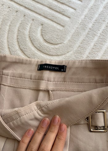 Bej Kemerli Keten Mini Etek - Görsel 2