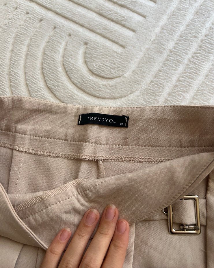 Bej Kemerli Keten Mini Etek - Görsel 2