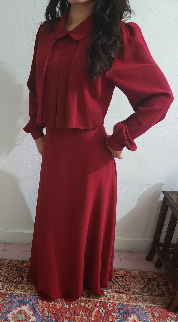 Bordo Uzun Kol Drapeli Kadın Elbise - Görsel 3