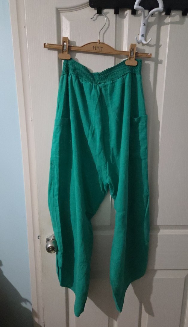 Bohem Yeşil Keten Salaş Midi Pantolon - Görsel 2