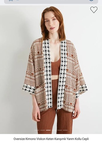 Desenli Kahverengi Mini Kimono - Görsel 2