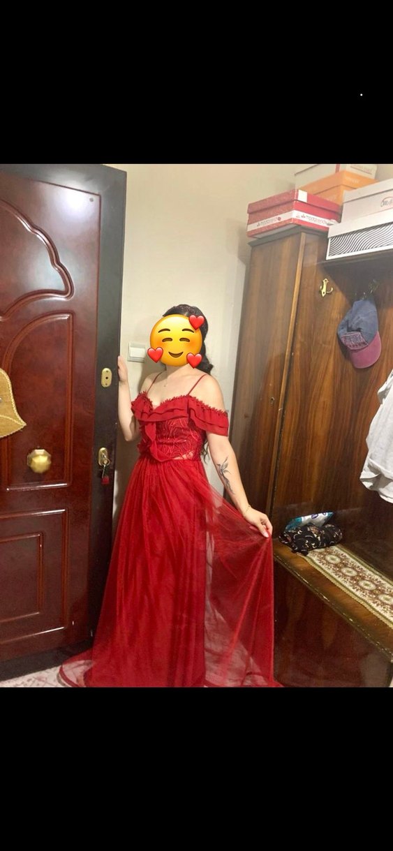 Kırmızı Drapeli Uzun Abiye Elbise - Görsel 2