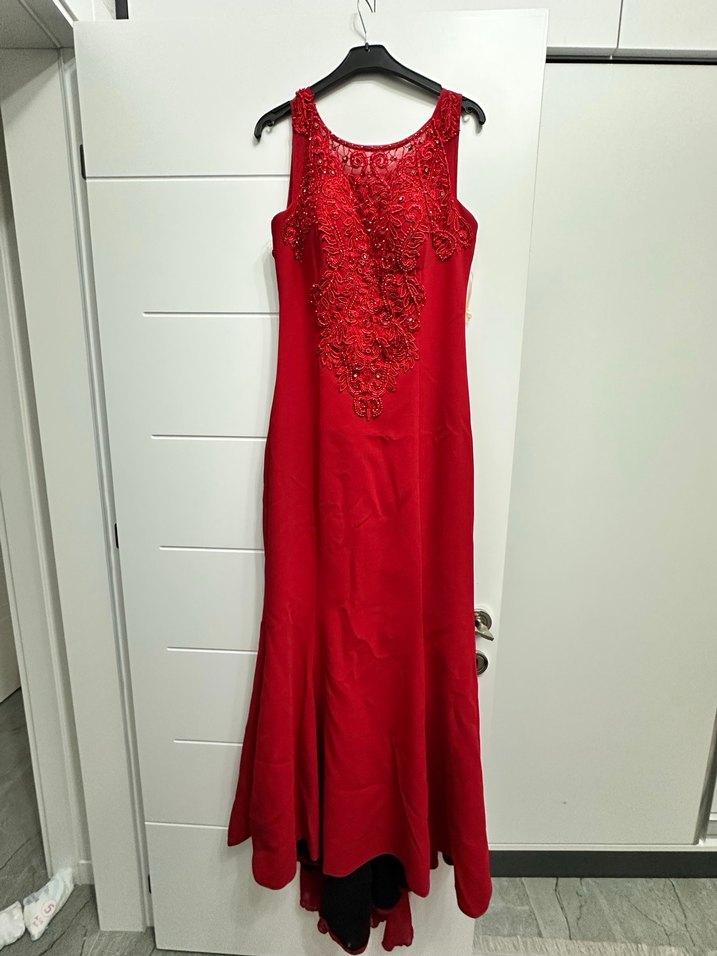 Parlak Kırmızı Uzun Strappy Gece Elbisesi - Görsel 3