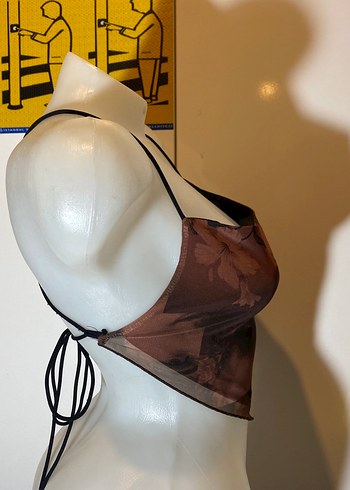 Drapeli Kahverengi Halter Yaka Bustier - Görsel 4