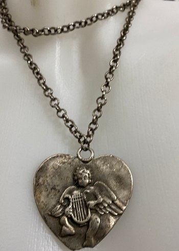 Gri Vintage Zincir Detaylı Kalp Kolye - Görsel 2