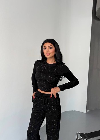 s Beden Taş Detaylı Siyah Kadın Eşofman Takımı