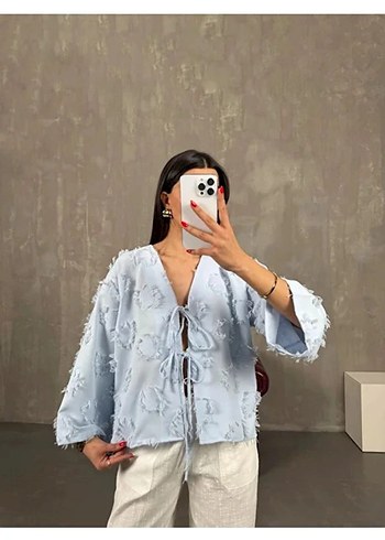 Mavi Püsküllü Bağcıklı Keten Kimono Gömlek