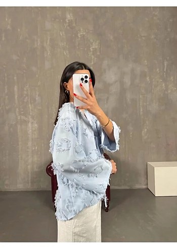 Diğer Mavi Püsküllü Bağcıklı Keten Kimono Gömlek