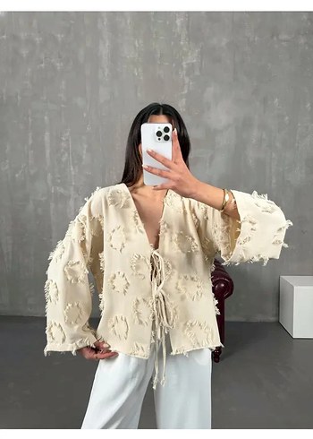 xl Beden ten rengi Renk Bej Bağcıklı Keten Gömlek Kimono