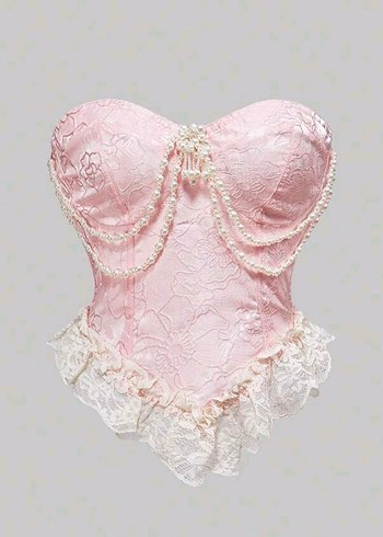 Shein Dantel İşlemeli Pembe Straplez Korse