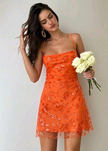 Shein Turuncu Payetli Pullu Kısa Elbise