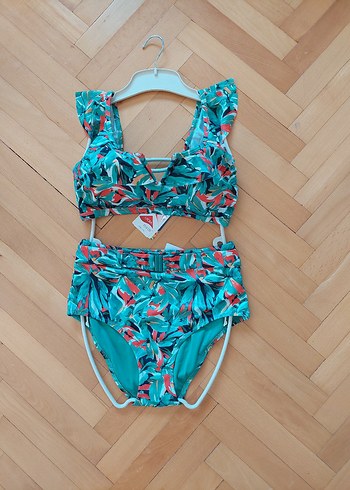 Turkuaz Desenli Fırfırlı Bohem Bikini
