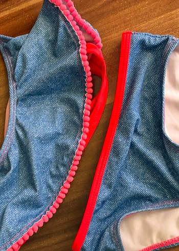 Kızlar için Mavi Denim V Yaka Fermuarlı bikini takımı