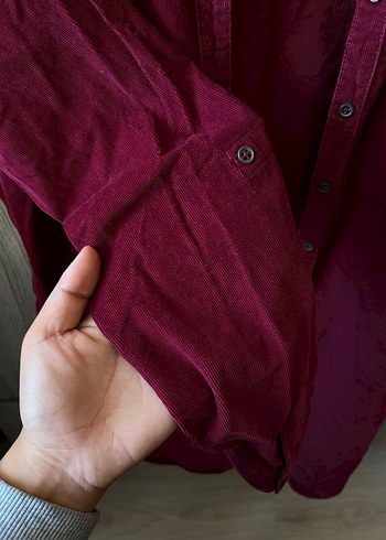 Bordo Düğmeli Kadın kadife Gömlek - Görsel 4