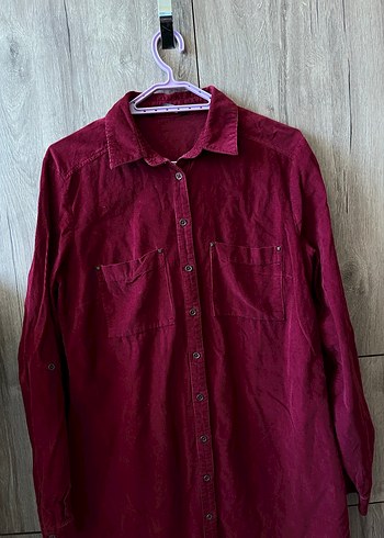 Bordo Düğmeli Kadın kadife Gömlek - Görsel 5