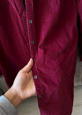 Bordo Düğmeli Kadın kadife Gömlek - Görsel 2
