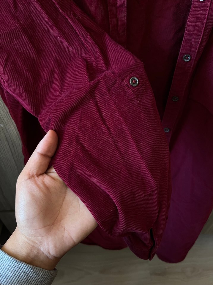 Bordo Düğmeli Kadın kadife Gömlek - Görsel 4