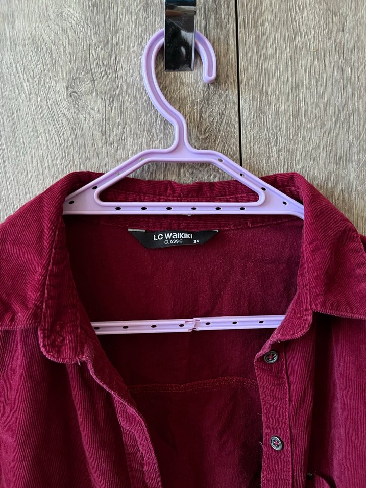 Bordo Düğmeli Kadın kadife Gömlek - Görsel 3