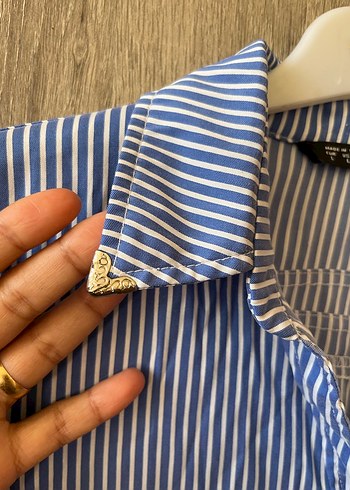 Mavi Çizgili Düğmeli Kadın Gömlek - Görsel 3