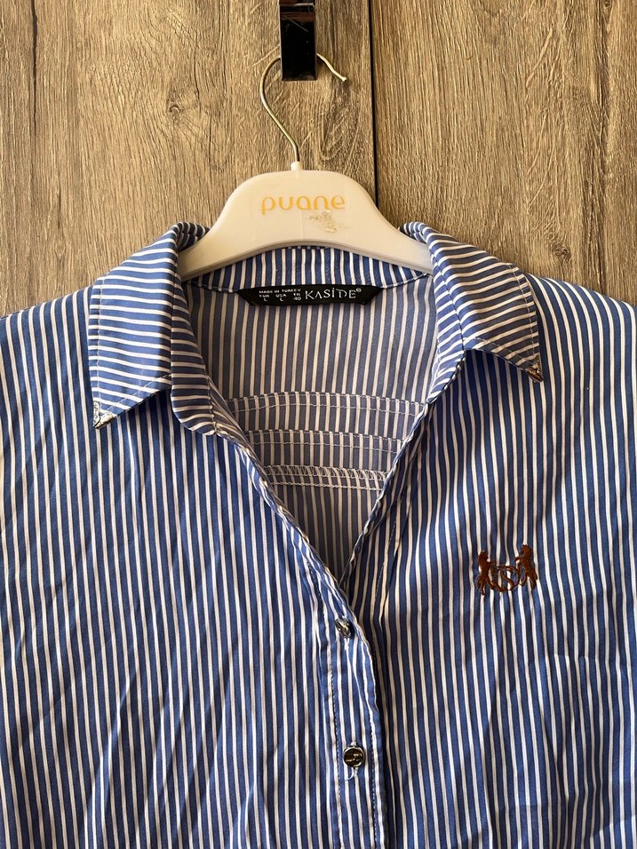 Mavi Çizgili Düğmeli Kadın Gömlek - Görsel 2