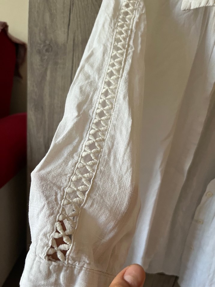 Düğmeli Beyaz Keten Kadın Gömlek - Görsel 2