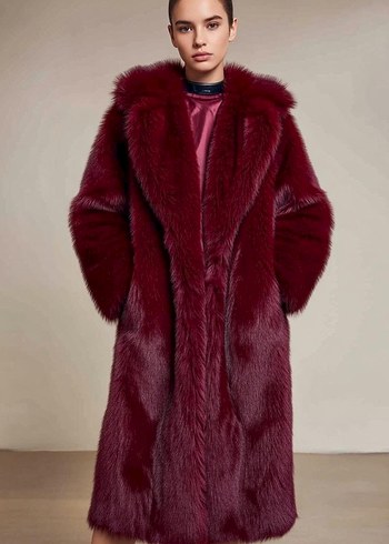 Bordo Uzun Kadın Suni Kürk Kaban - Görsel 2